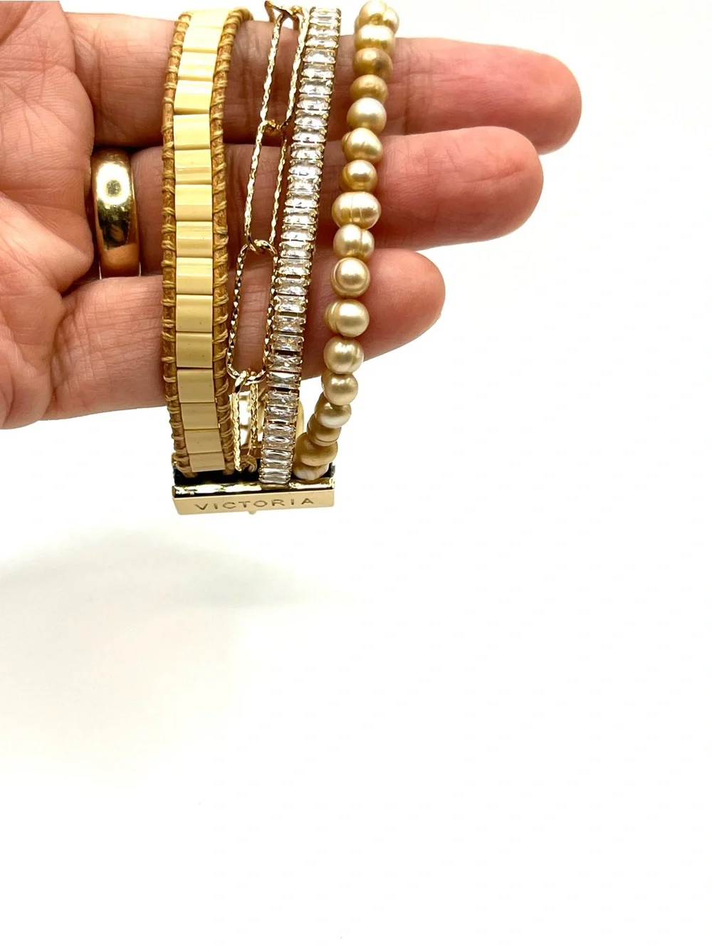 Emerson Gold Multi Strand Pearl Paperclip Rhinestone and Beaded Bracelet Layered